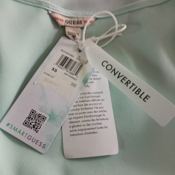 GUESS NWT Lace Silky Tie Waist Top  Peasant Sleeves Bow Tie Deep V Soft Green XS - Picture 7 of 8